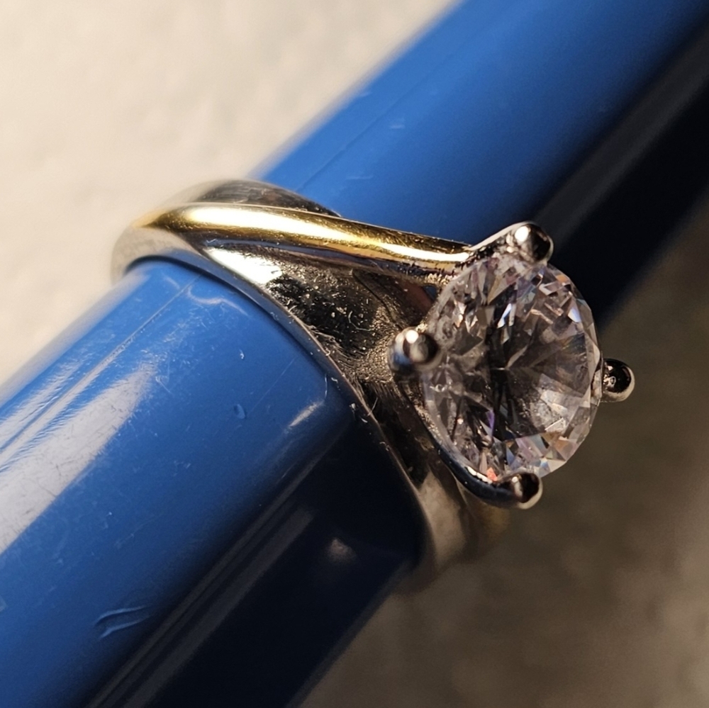 Vintage Engagement Ring Sterling Silver & Two-Tone Cut Clear CZ - Picture 1 of 6